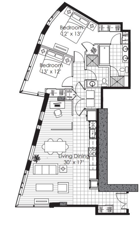 Floor plan for 2 beds, 2 baths, 1260 sqft